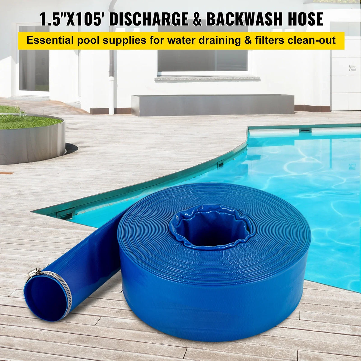 BENTISM Discharge Hose, 1-1/2" x 105', PVC Fabric Lay Flat Hose, Heavy Duty Backwash Drain Hose with Clamps, Condition & Burst-proof, Perfect for Swimming Pool & Water Transfer