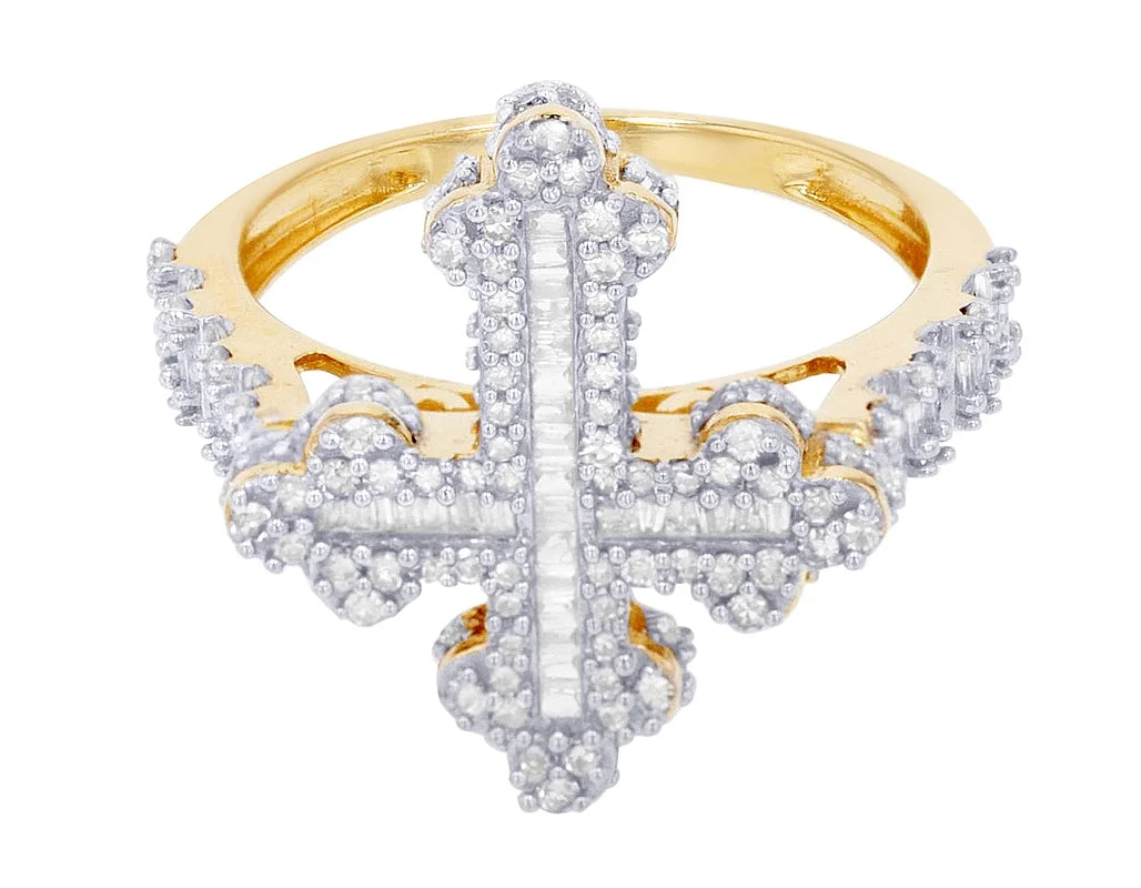 Baguette Cross 0.875 CT Diamond Ring 10K Yellow-White Gold