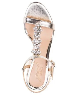 BADGLEY MISCHKA Womens Silver Adjustable T-Strap Embellished Raina Round Toe Block Heel Fastener Dress Sandals Shoes 5.5 M