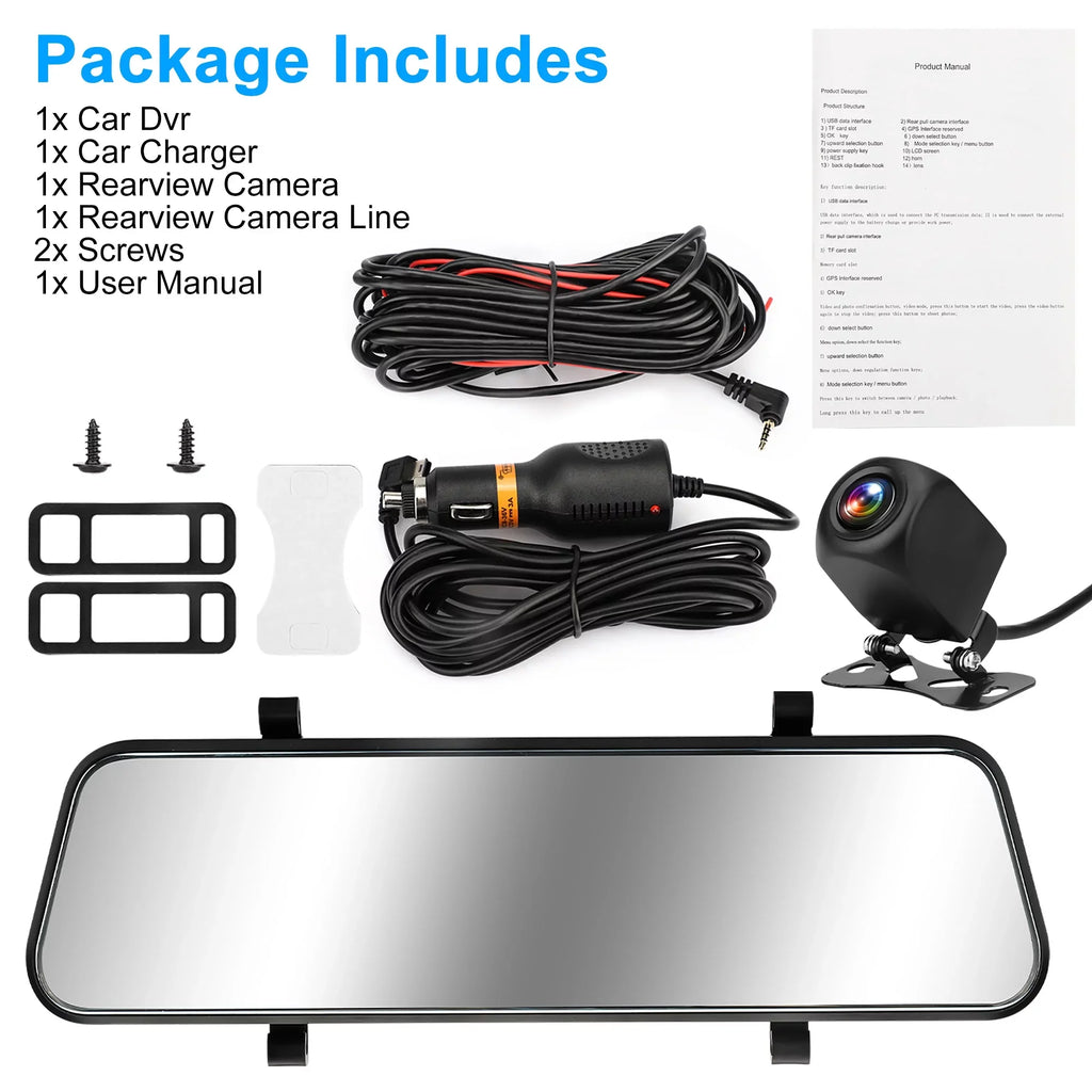 Car Rear View Mirror Camera, TSV 1080P Dash Cam Backup Camera, Dual Driving Recorder with Night Vision, G-Sensor, IPS Touch Screen