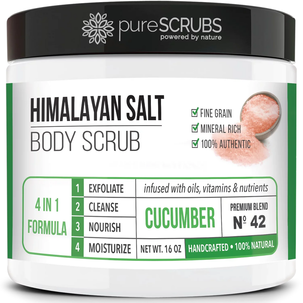 pureSCRUBS Premium Pink Himalayan Salt Body Scrub Set- Large 16oz CUCUMBER BODY SCRUB - Infused With Organic Essential Oils & Nutrients + FREE Wooden Spoon, Loofah & Mini Exfoliating Bar Soap