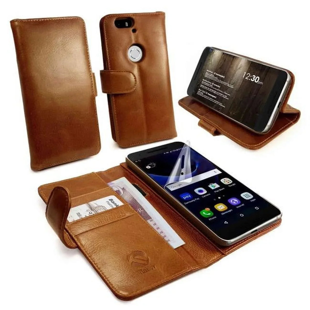 C1-89 Vintage Leather Wallet Free Screen Protector Case Protection for Huawei Nexus 6P - Brown