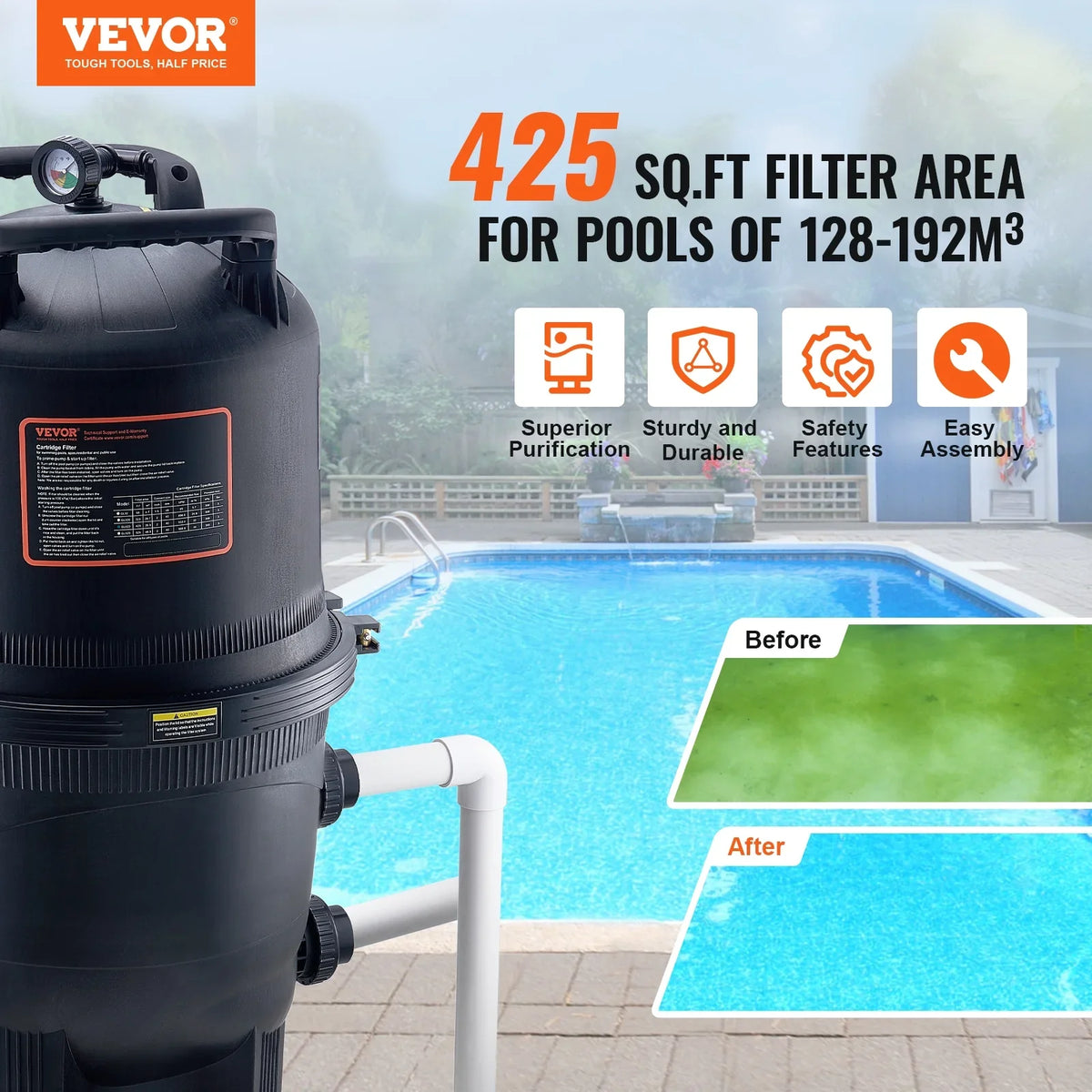SKYSHALO 425Sq.Ft Pool Cartridge Filter In/Above Ground Swimming Pool Filtration
