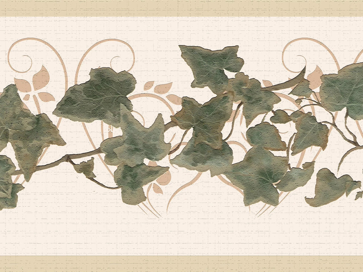 Dundee Deco's Peel and Stick Wallpaper Border - Abstract Green Beige Leaves on a Vine Wall Border Retro Design, 15 ft x 7 in, Self Adhesive
