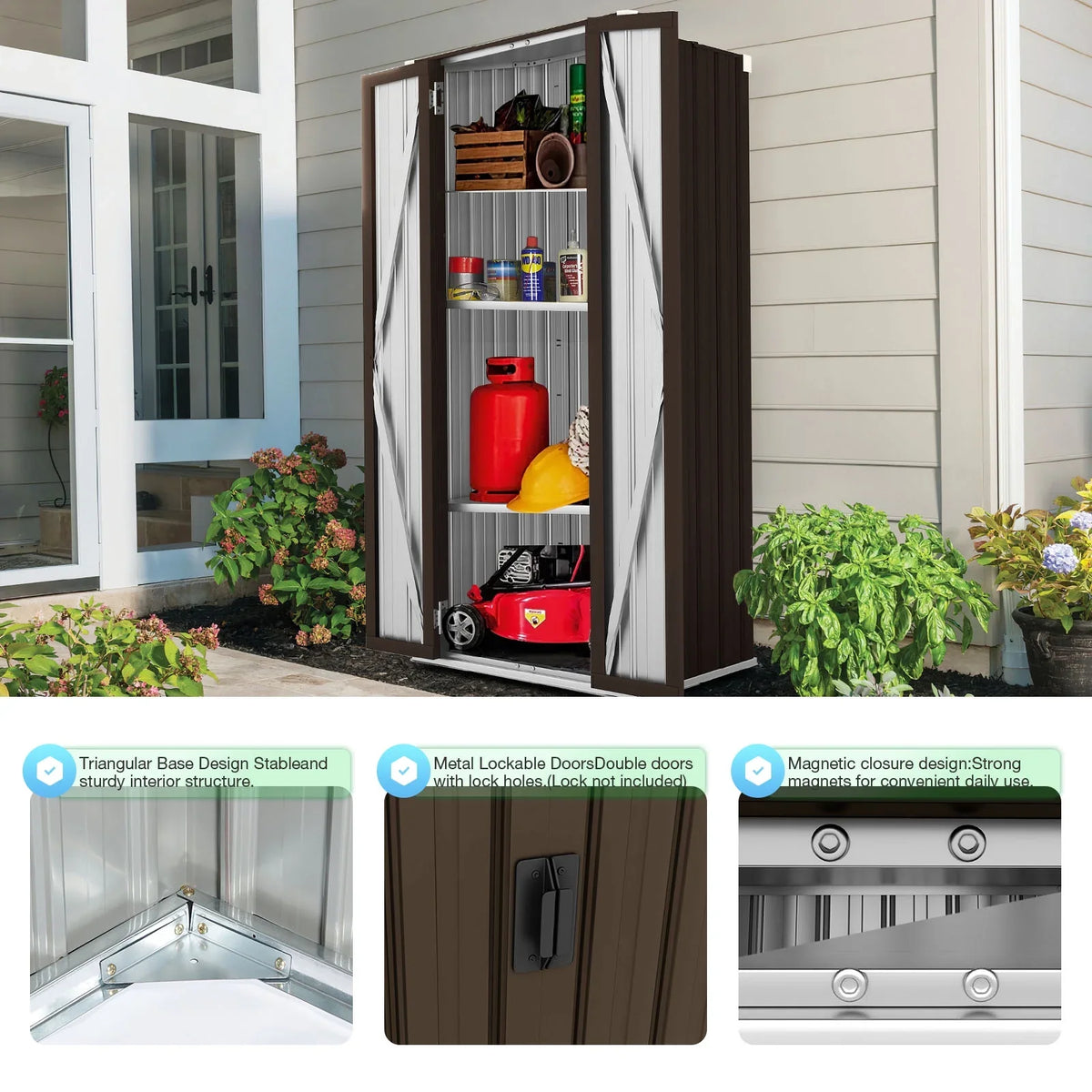 YODOLLA 70" Metal Storage Cabinet with Doors and Shelves Outdoor/ Indoor Storage Shed Organizer for Garage& Garden in Brown