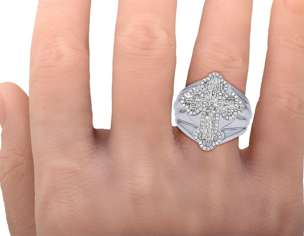 Baguette Cross 1.05 CT Diamond Pinky Ring Gold 25MM S10