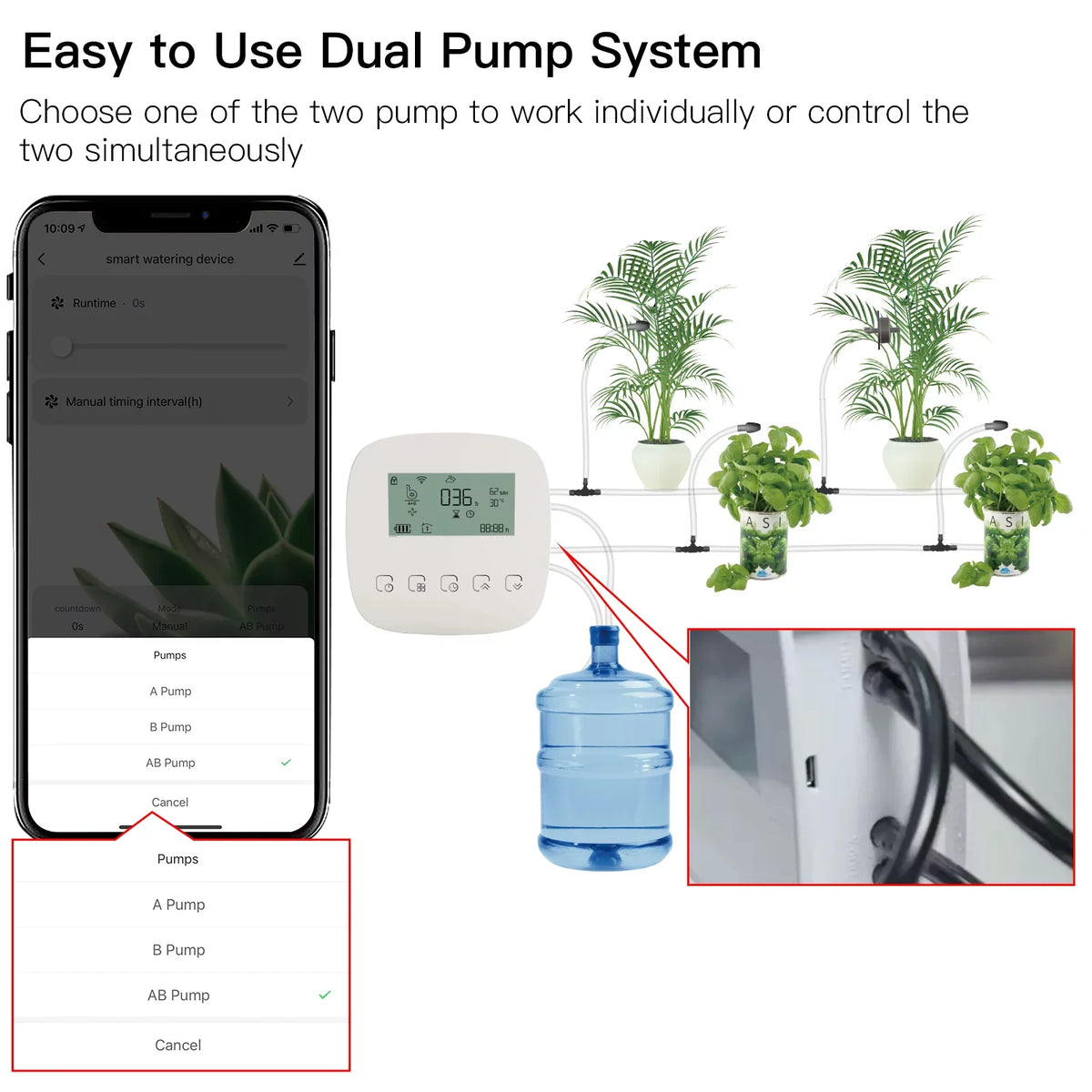 Arealer Automatic Watering System Smart Watering Device Dual Pump System WiFi/ Voice/ Manual Control Programmable Watering Time Built-in Battery Solar Panel/ USB Charging Suitable with Home for