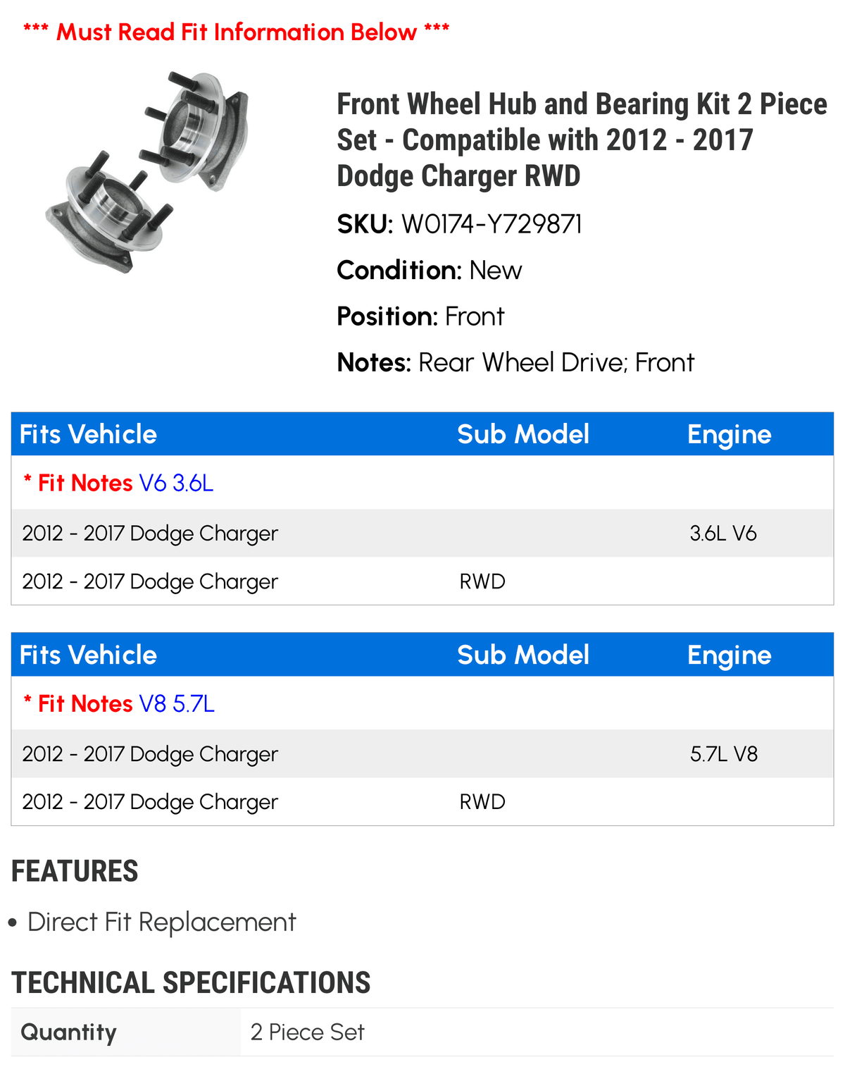 Front Wheel Hub and Bearing Kit 2 Piece Set - Matching with 2012 - 2017 Dodge Charger RWD 2013 2014 2015 2016 2018