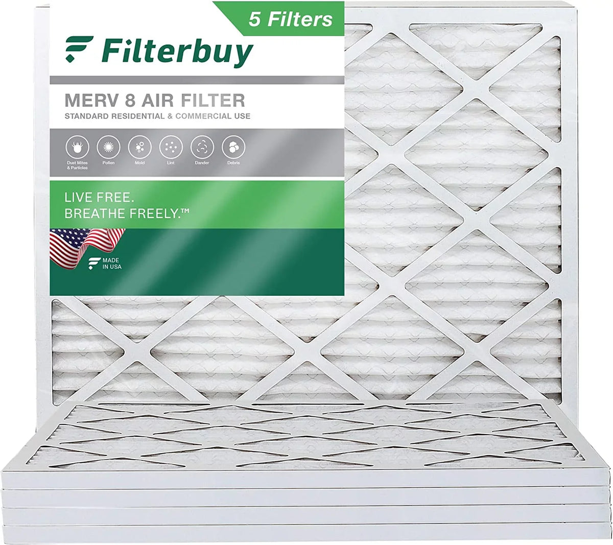 Filterbuy 20x24x1 MERV 8 Pleated HVAC AC Furnace Air Filters (5-Pack)