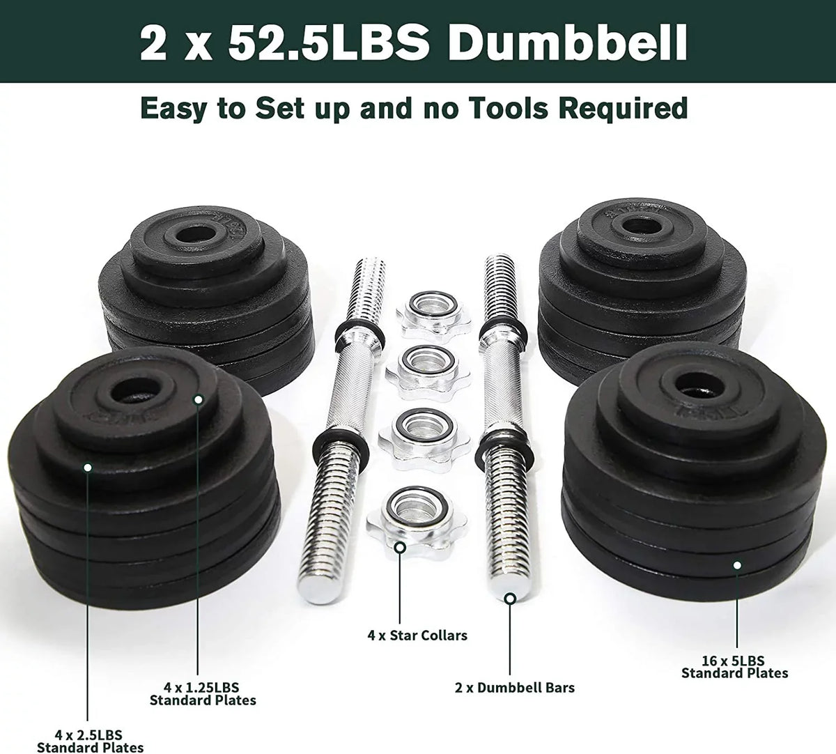 Adjustable Weight Cast Iron Dumbbells Set 105lbs
