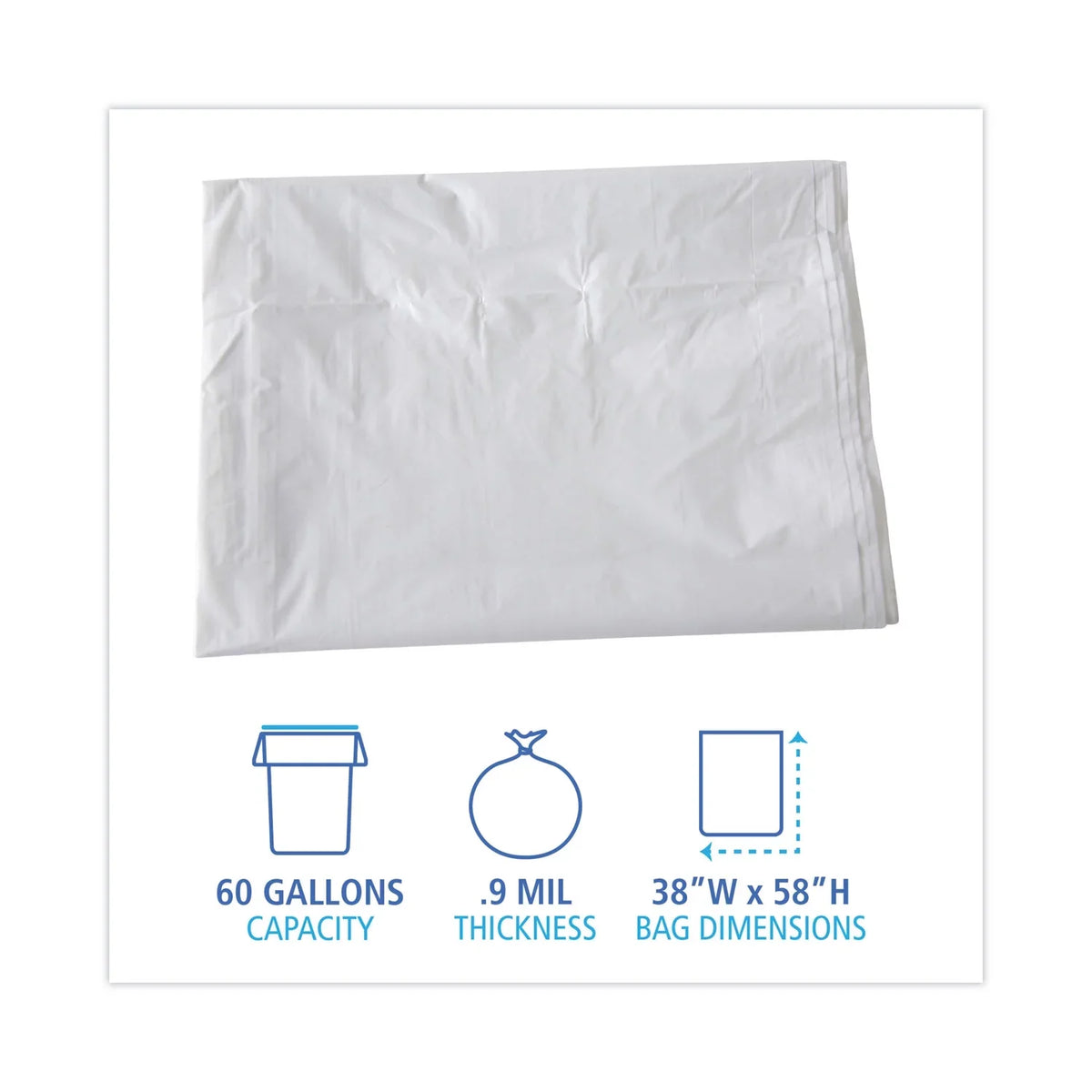 Boardwalk Linear Low Density Industrial Trash Bags, 60 gal, 0.9 mil, 38 x 58, White, 100/Carton