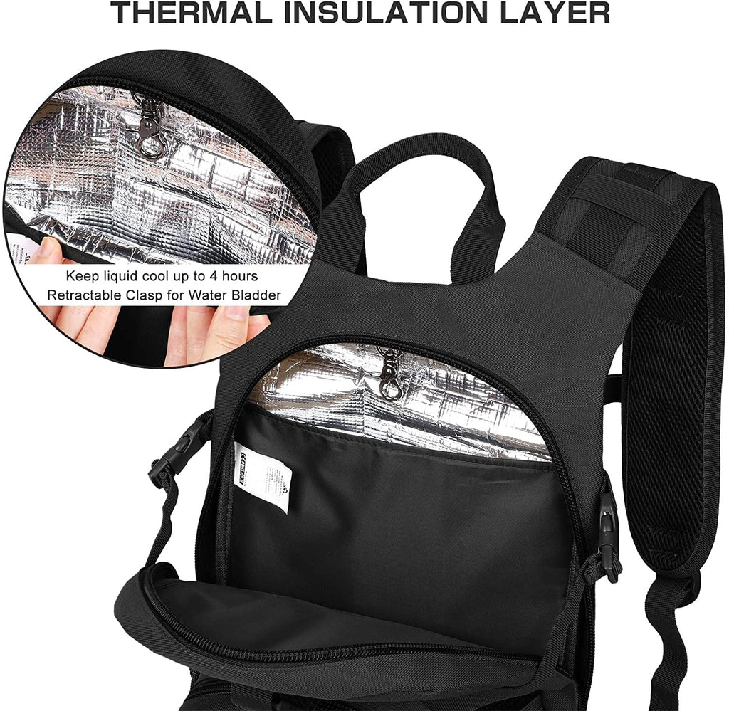 SKL Hydration Pack Tactical Water Backpack with 2L BPA Free Water Bladder, Military Water Bag Thermal Insulation, Adjustable Waist Pocket Daypack Fits Women Men for Running Hiking Cycling Biking