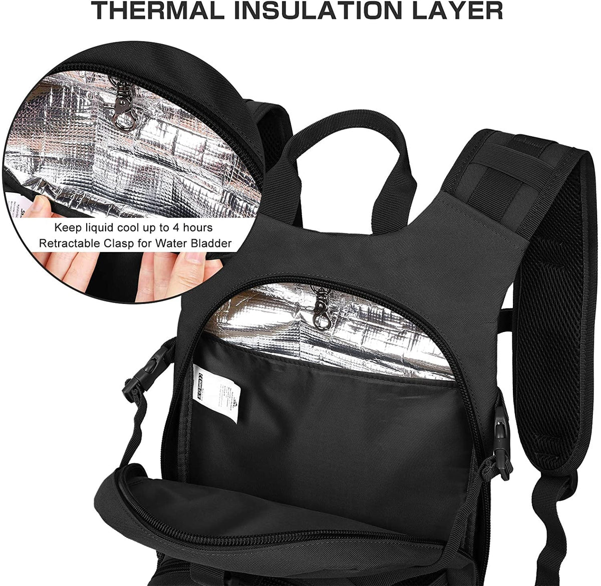 SKL Hydration Pack Tactical Water Backpack with 2L BPA Free Water Bladder, Military Water Bag Thermal Insulation, Adjustable Waist Pocket Daypack Fits Women Men for Running Hiking Cycling Biking