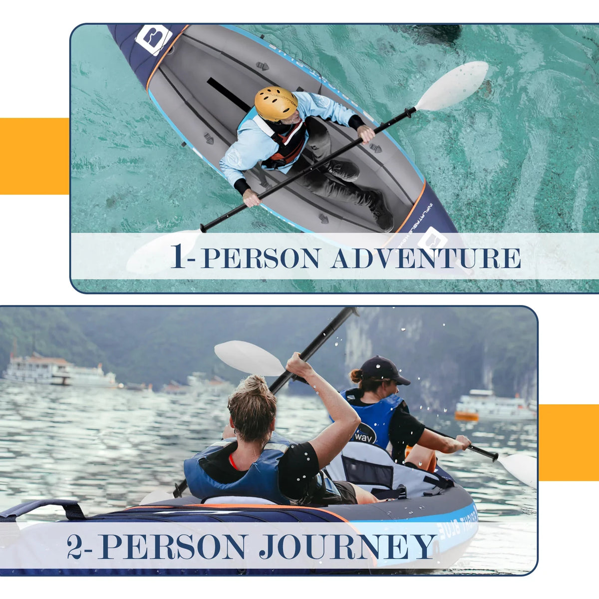 BRIGHT BLUE Inflatable Touring White Water Paddling Kayak 1-2 Persons sit-on with Paddles,Hand Pump,Backpack,Fins