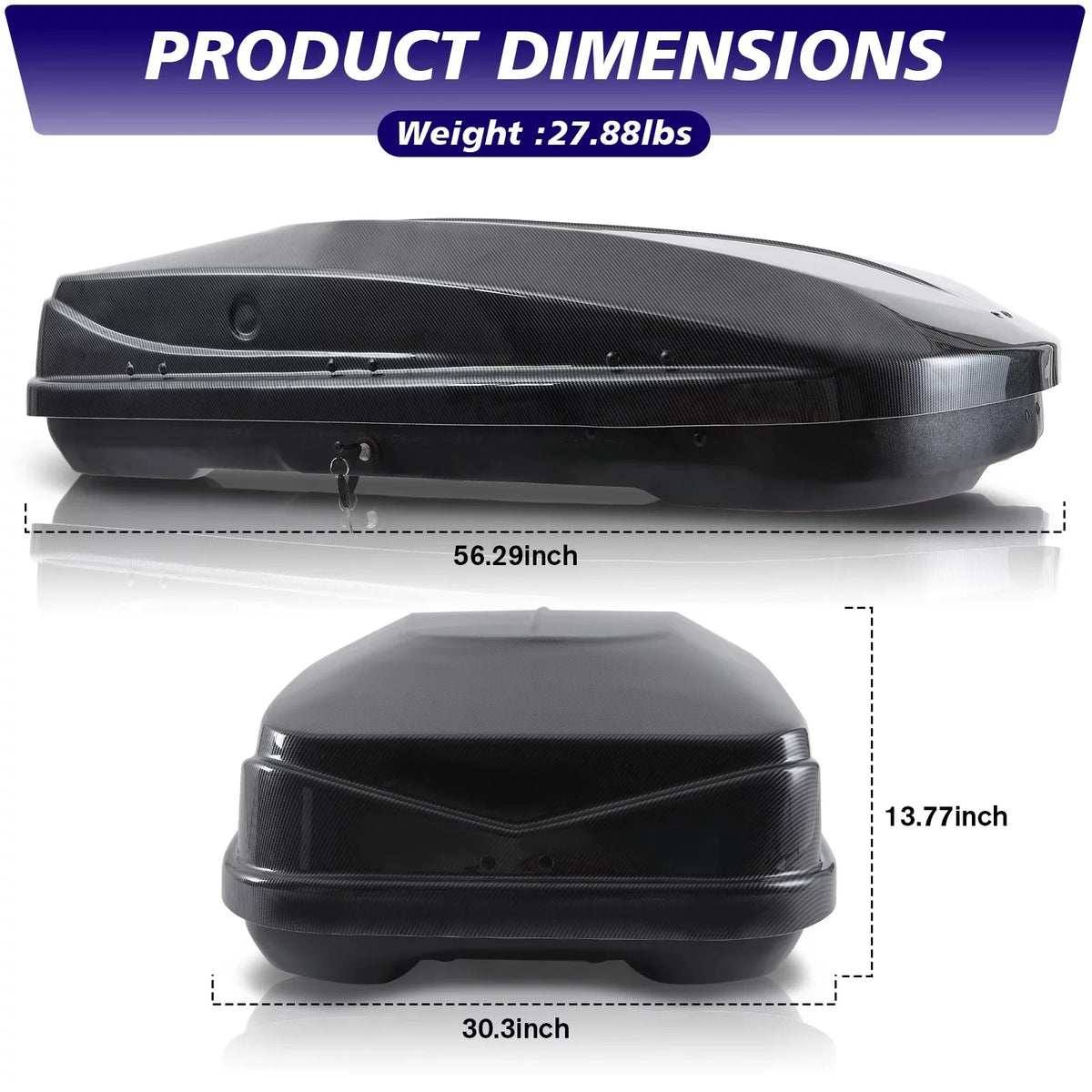 Large Rooftop Cargo Carrier Hard Shell Rooftop Cargo Box with Double Locks, 13 ft³ Waterproof Cargo Box for SUV Rooftop 56.3" L x 30.3" W x 13.8" H, Carbon Fibre Grain