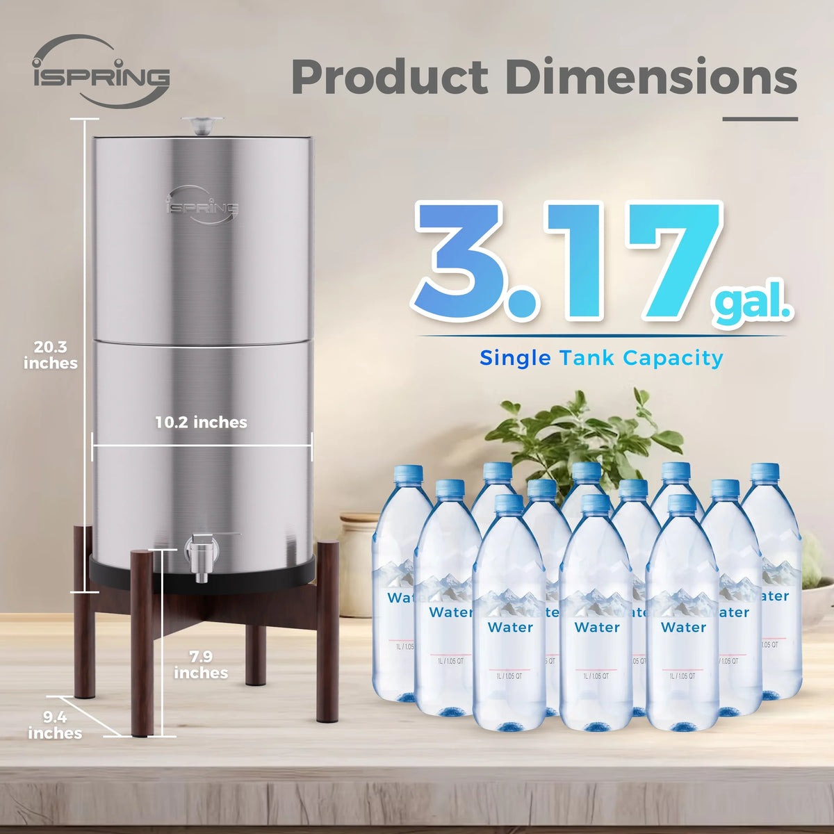 iSpring DGF2-DW Gravity-Fed Stainless Steel Countertop Water Filter System with Dark Wood Base,3.17 Gallons with 2 Activated Carbon Water Filters,Chlorine Reduction,Portable Water Filter