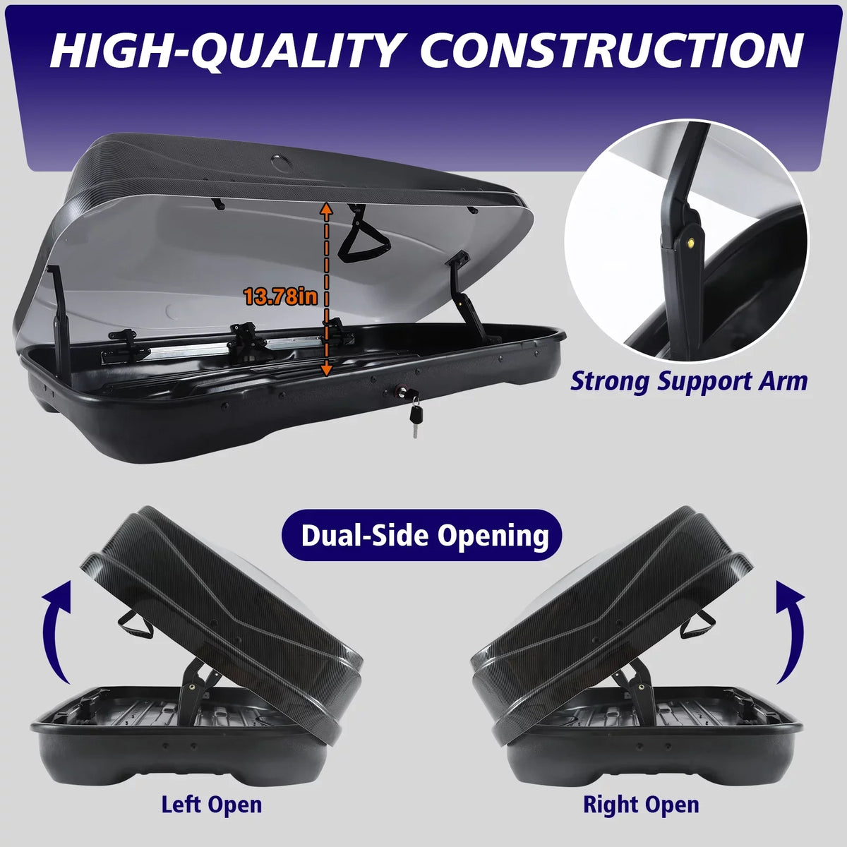 Large Rooftop Cargo Carrier Hard Shell Rooftop Cargo Box with Double Locks, 13 ft³ Waterproof Cargo Box for SUV Rooftop 56.3" L x 30.3" W x 13.8" H, Carbon Fibre Grain