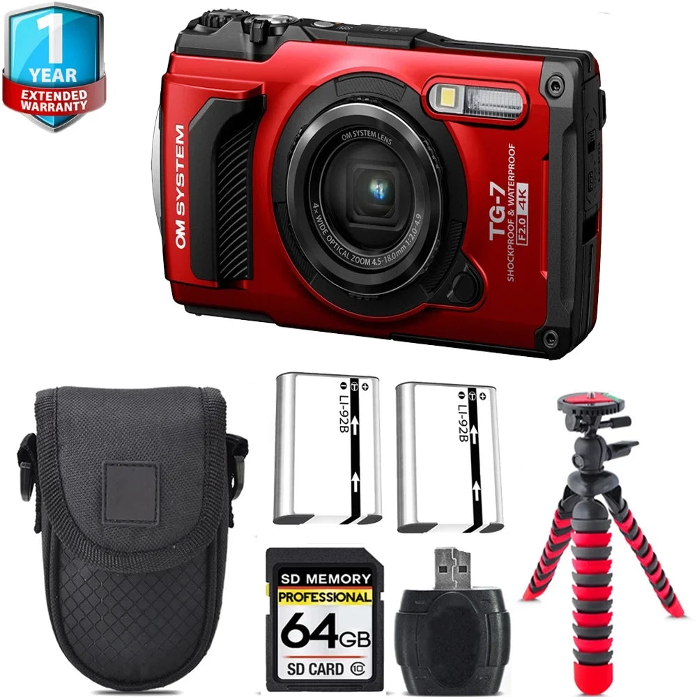 Olympus OM SYSTEM Tough TG-7 Digital Camera (Red) + Extra Battery +Tripod + 1 Yr Warranty -64GB Kit