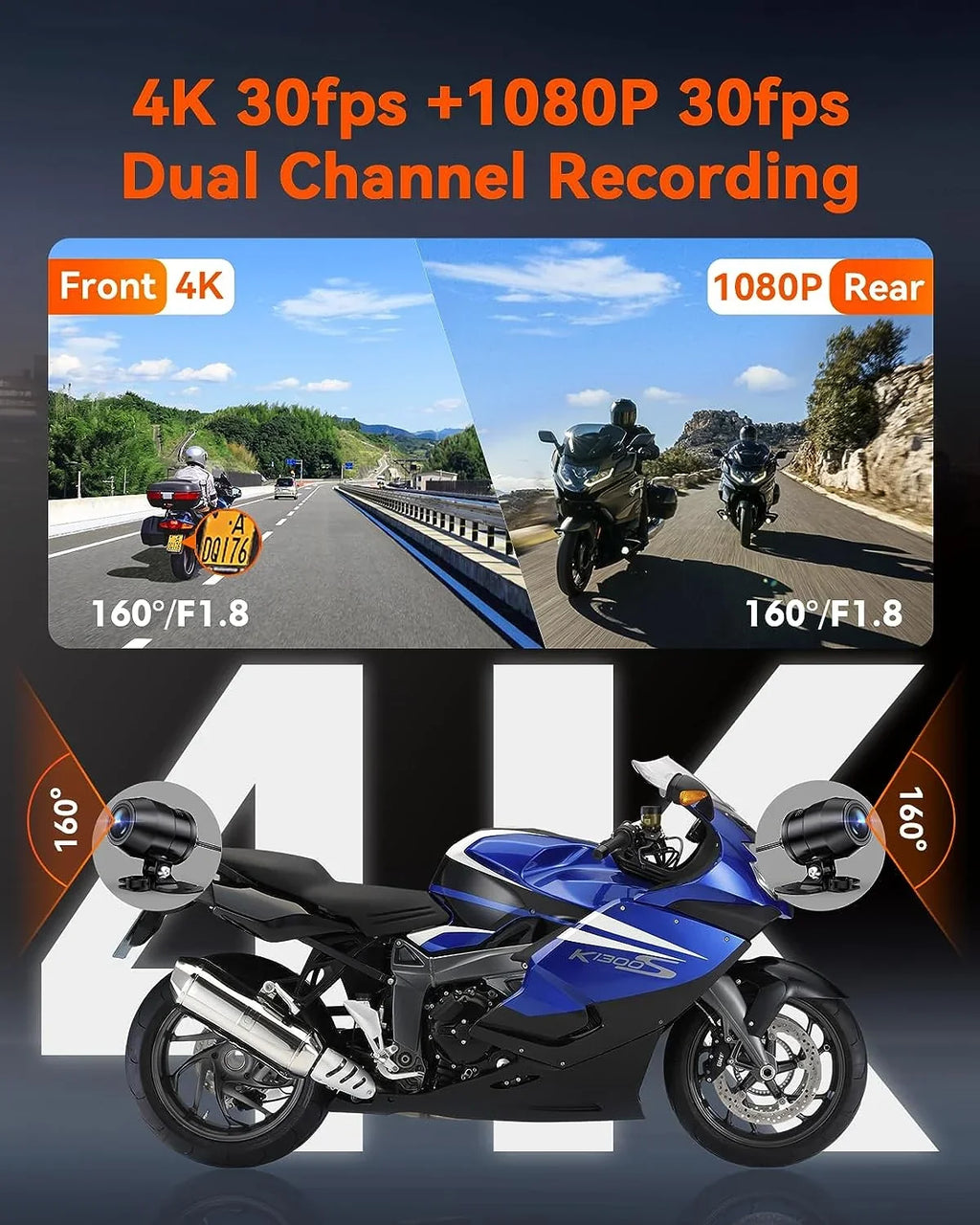 Vantrue F1 Motorcycle 4K Dashcam (4K + 1080P) GPS | WiFi | Parking Mode (No SD Card)