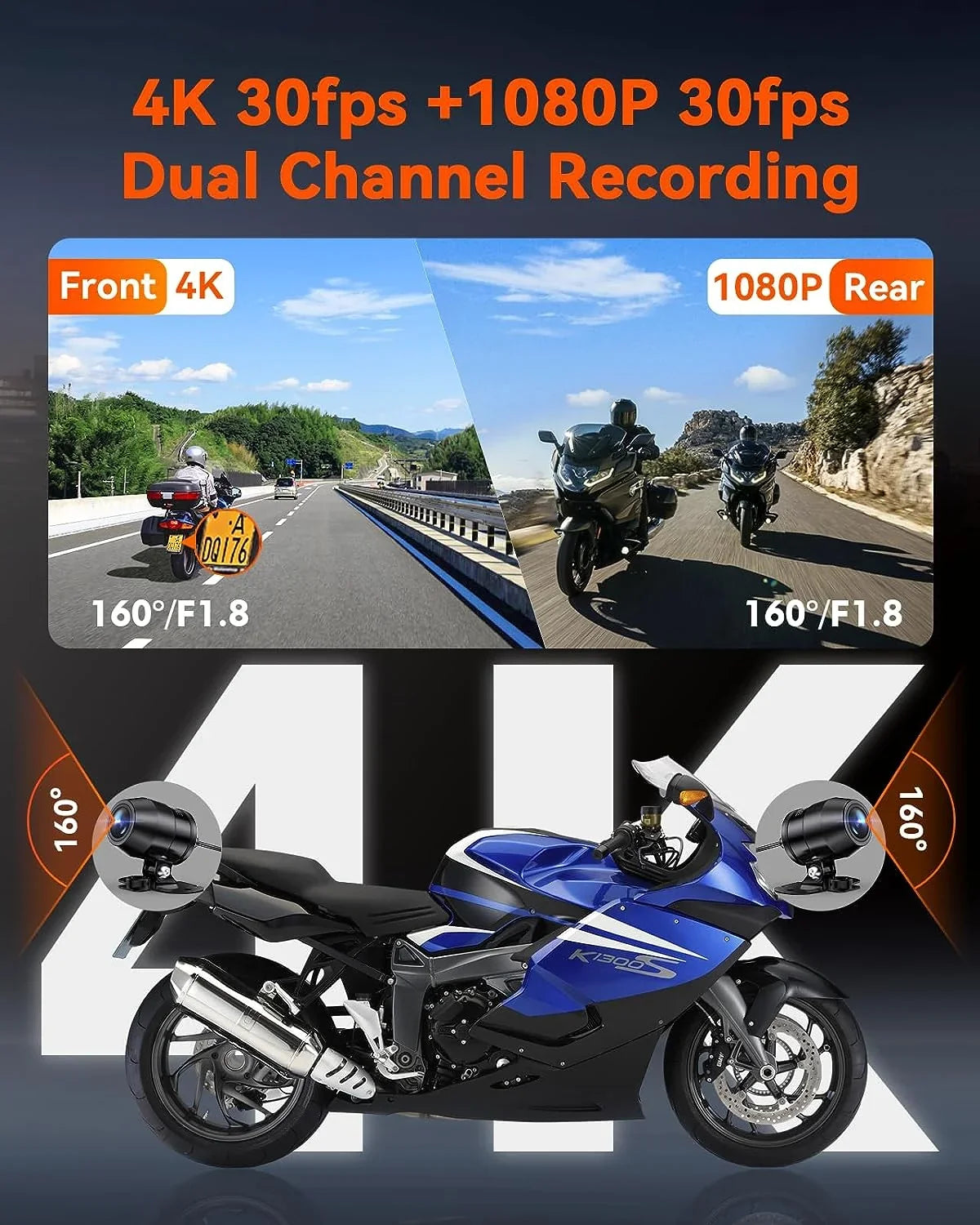 Vantrue F1 Motorcycle 4K Dashcam (4K + 1080P) GPS | WiFi | Parking Mode (No SD Card)