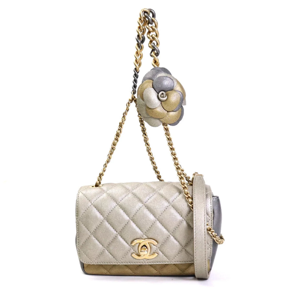 Pre-Owned Chanel CHANEL Diagonal Shoulder Bag Matelasse Camellia Leather/Metal Greige/Gold/Gray Women's e55934a (Good)