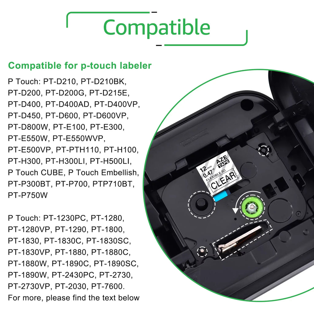 GREENCYCLE 5PK Matching for Brother P-touch 12mm x 8m Black on Clear TZ TZe TZe-FX131 TZ-FX131 TZe-131 TZ-131 Flexible ID Cable Wire Label Tape