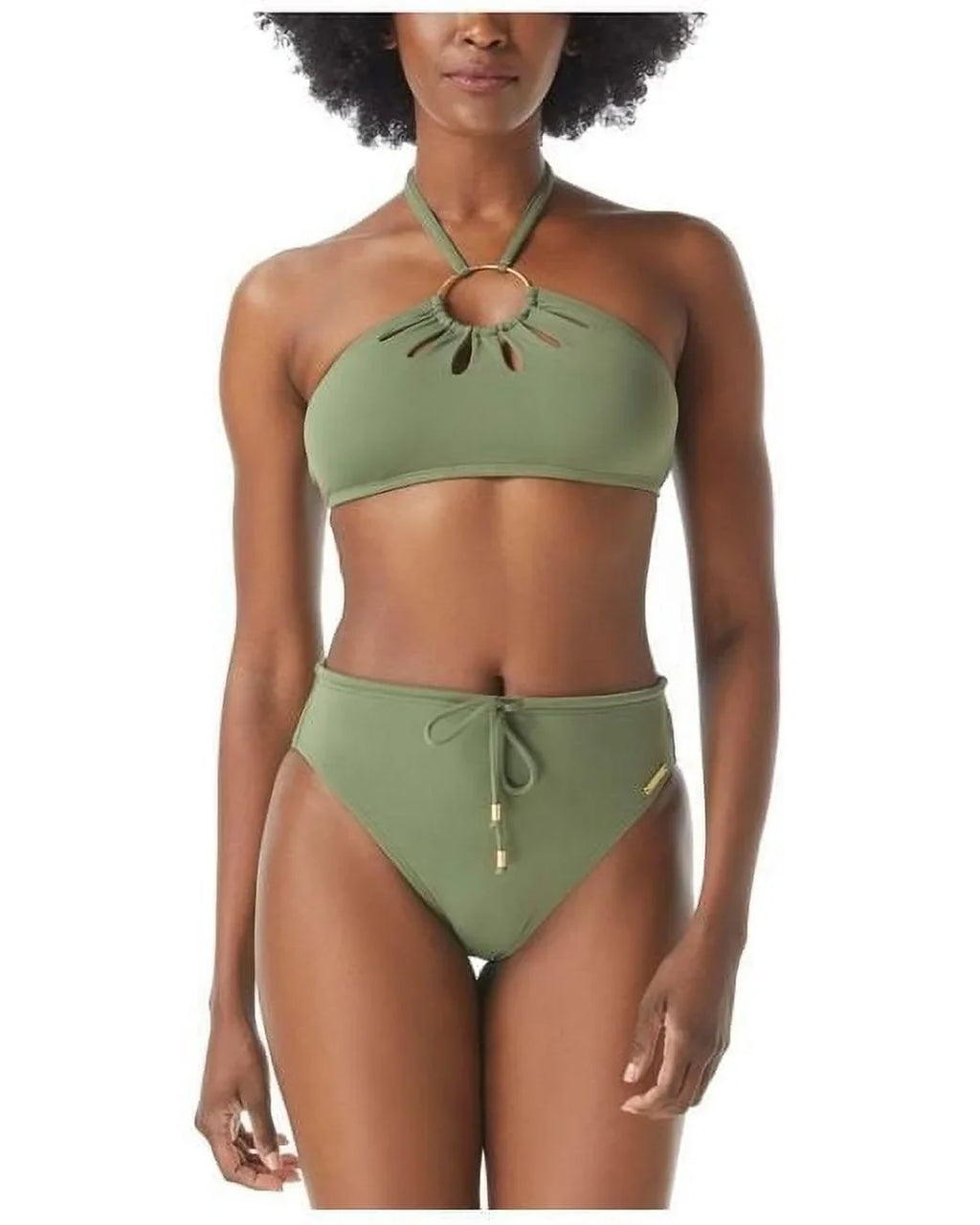 Vince Camuto SAFARI GREEN Logo-Ring Cutout Halter Bikini Swim Top, US Medium