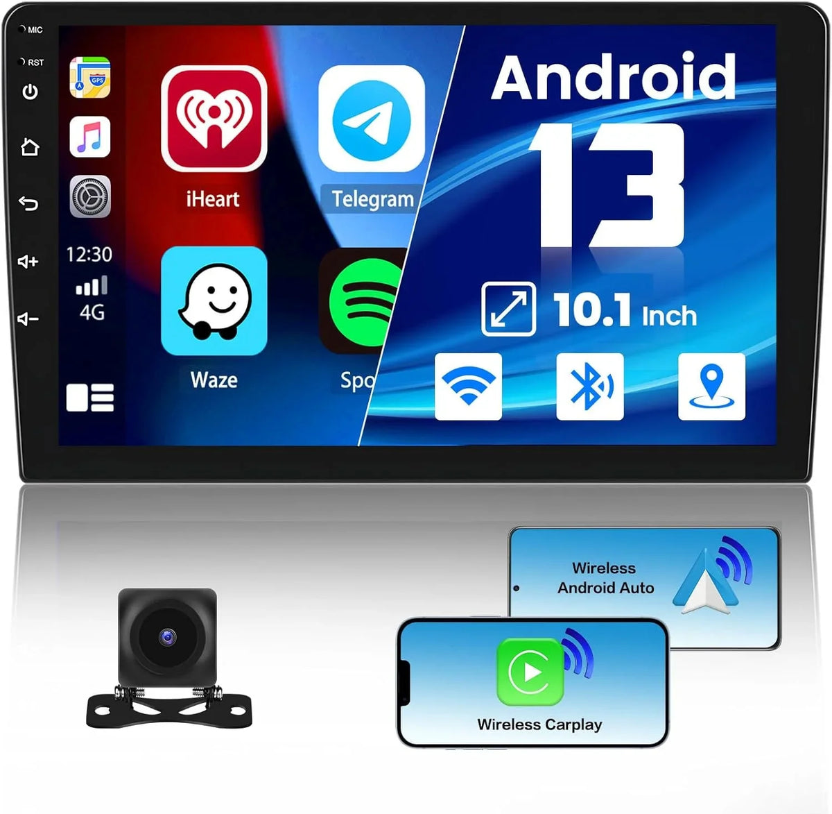 1G+32G Double Din Android 13 Car Stereo with Wireless Carplay Android Auto, 10.1 Inch Touch Screen Car Radio with HiFi/BT/GPS Navigation Support Fastboot Backup Camera WiFi Connection