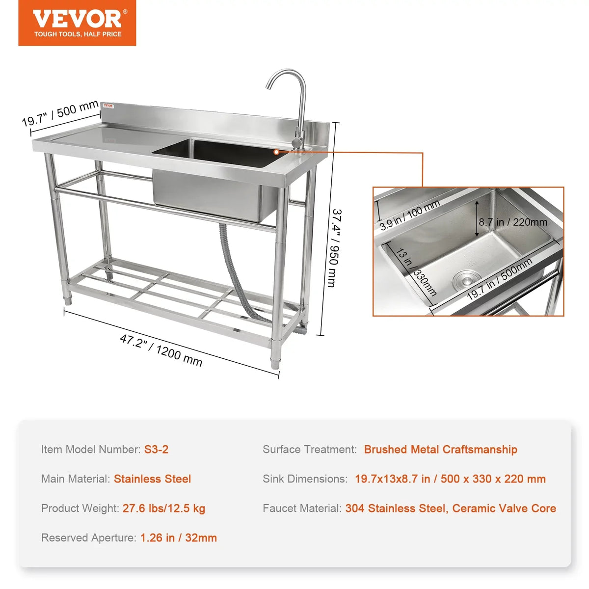 BENTISM Commercial Utility & Prep Sink Single Bowl w/Workbench 47.2x19.7x37.4 in