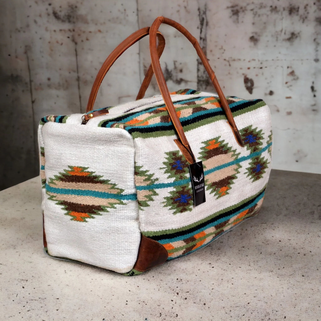 Boho Aztec Large Weekender Southwestern Duffel Bag Aspen Saddle Blanket Bag 100% Leather Handles