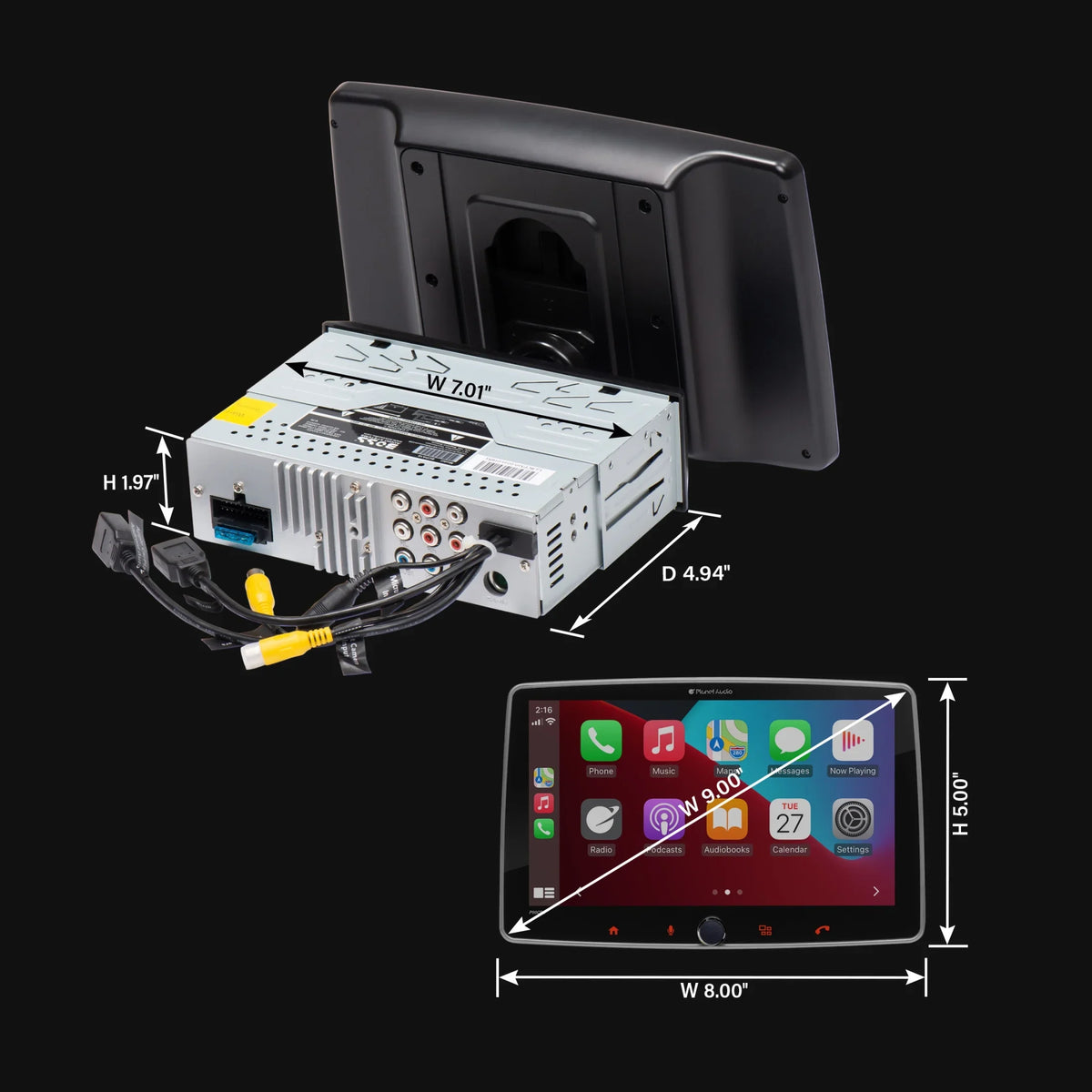Planet Audio P90CPAC Car Stereo - Apple CarPlay, Android Auto, Single Din, 9 Inch Capacitive Touchscreen, Bluetooth, No CD DVD Player, AM/FM Radio Receiver, Backup Camera