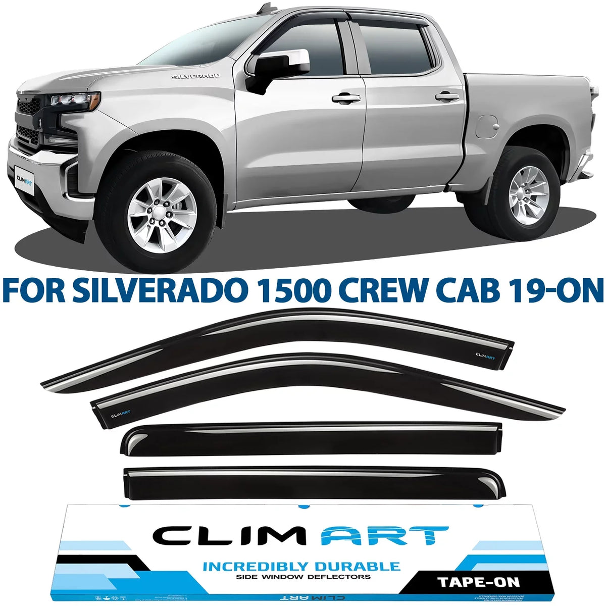 CLIM ART Incredibly Resilient Rain Guards Fitting with Chevrolet (Chevy) Silverado/GMC Sierra 1500 2019-2024 Crew Cab, Truck Accessories, Tape-on Window Deflectors, Vent Window Visors, 4pcs- 419160