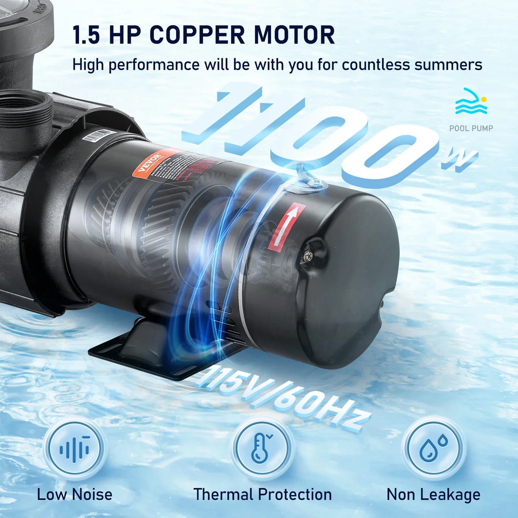 Happybuy Swimming Pool Pump, 1.5HP 115V, 1100W Single Speed Pumps for Above Ground Pool w/ Strainer Basket, 5280GPH Max. Flow, Certification of ETL