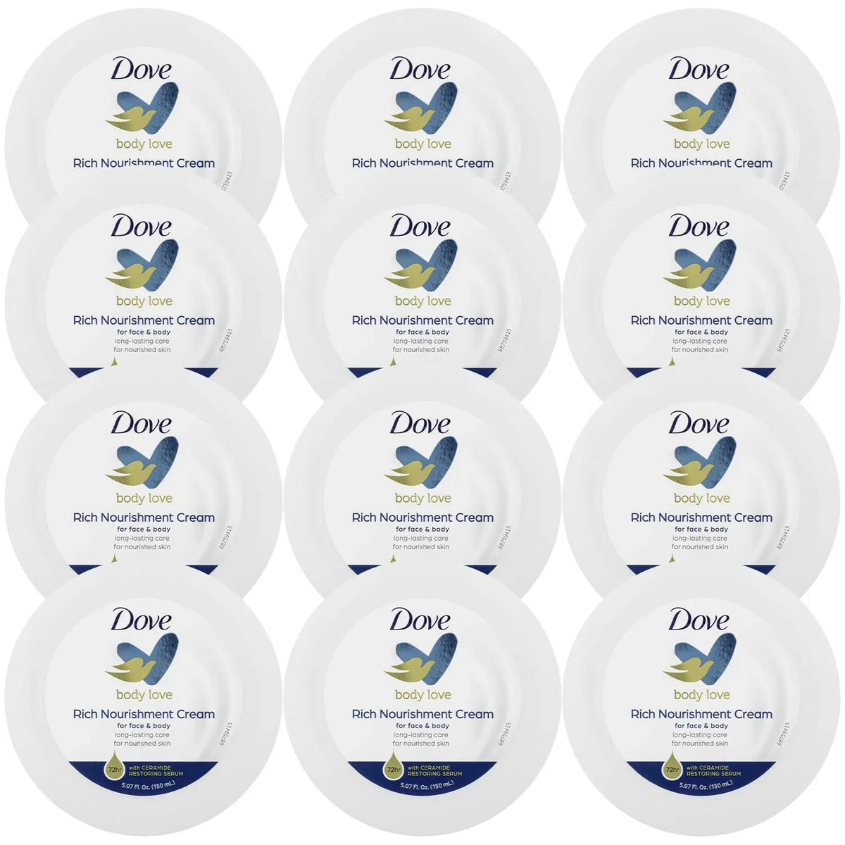 Dove Body Love Rich Nourishment Cream, Face, Hand & Body Lotion For Extremely Dry Skin, Fast-Absorbing 72-Hour Moisturizing Cream With Ceramide Serum, 5.07 Fl Oz (Pack Of 12)