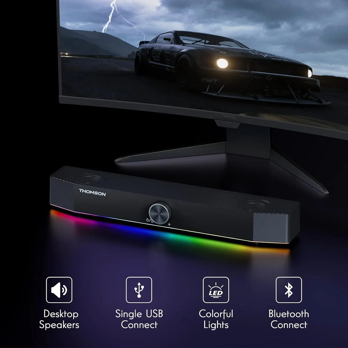 Thomson Computer Speakers, Bluetooth Computer SoundBar, Dyna RGB PC Speakers with 10W Stereo Sound, 3.5mm Aux-in