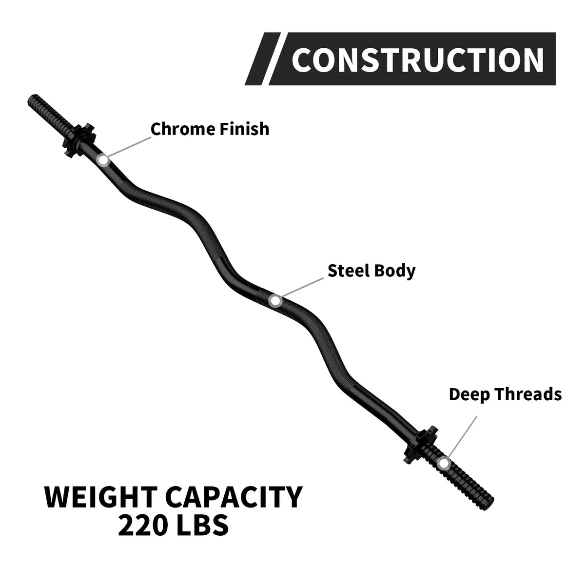 FIXTECH 47'' Olympic Curl Bar with Collars for All Standard Plates, 220-Pound Capacity, Black