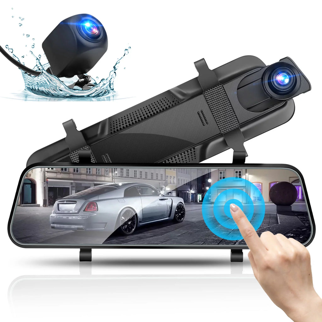 Car Rear View Mirror Camera, TSV 1080P Dash Cam Backup Camera, Dual Driving Recorder with Night Vision, G-Sensor, IPS Touch Screen