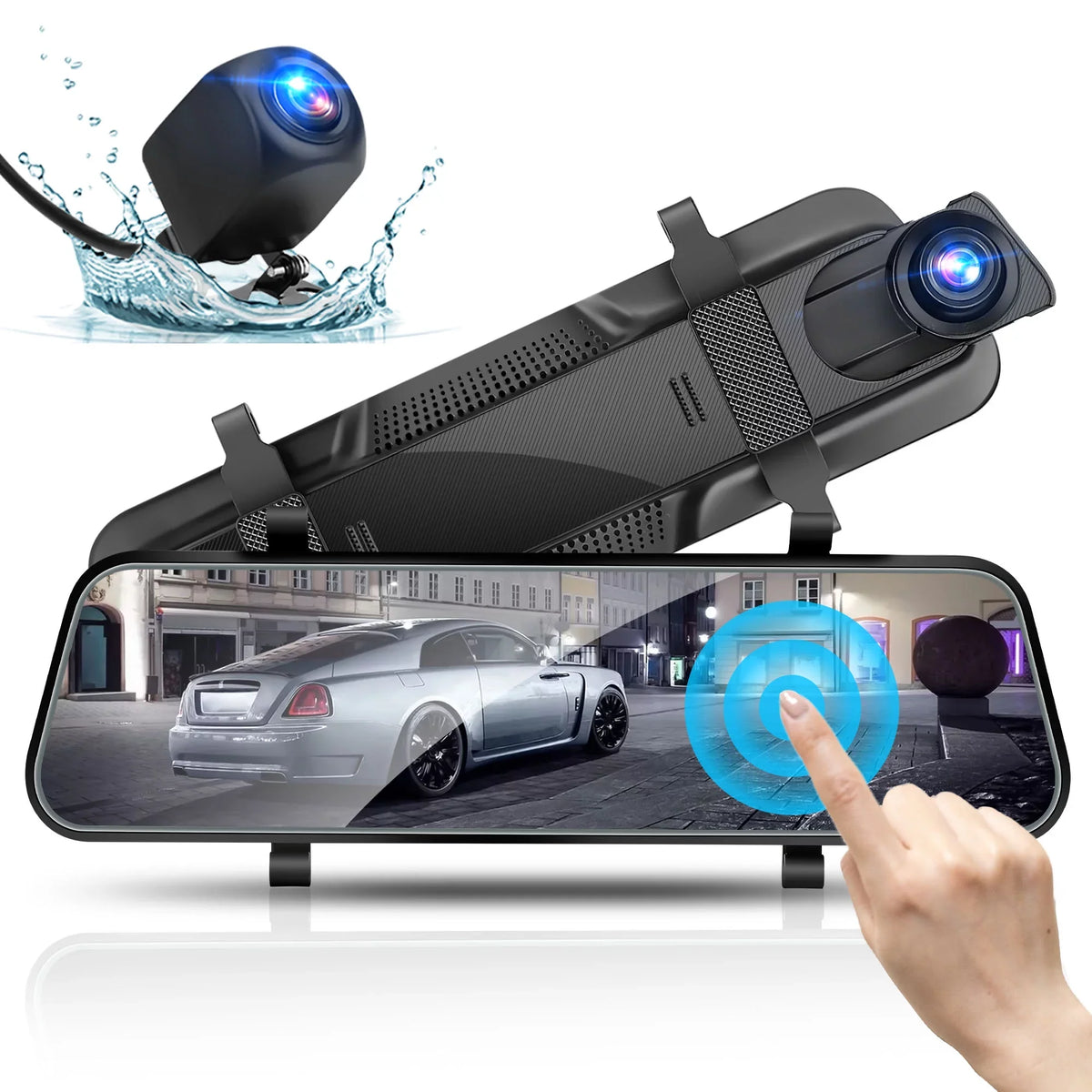 Car Rear View Mirror Camera, TSV 1080P Dash Cam Backup Camera, Dual Driving Recorder with Night Vision, G-Sensor, IPS Touch Screen