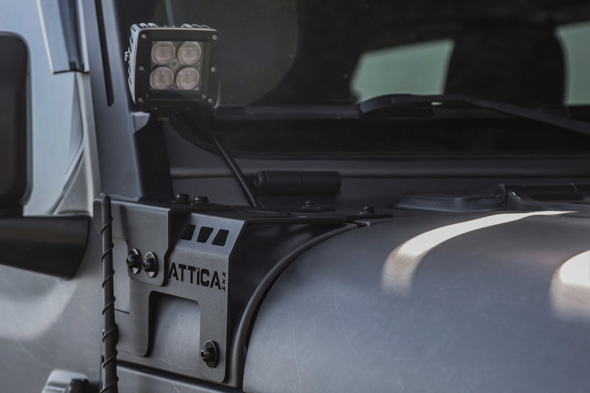 Attica 2018-2024 Fits Jeep Wrangler JL 2019-2024 Gladiator JT A Pillar Light Mount Bracket Powder Coated Steel ATTJL01E104-BX