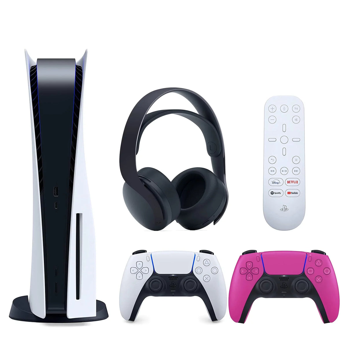 Sony Playstation 5 Disc Version (Sony PS5 Disc) with Extra Nova Pink Controller, Black PULSE 3D Headset and and Media Remote Bundle with Cleaning Cloth