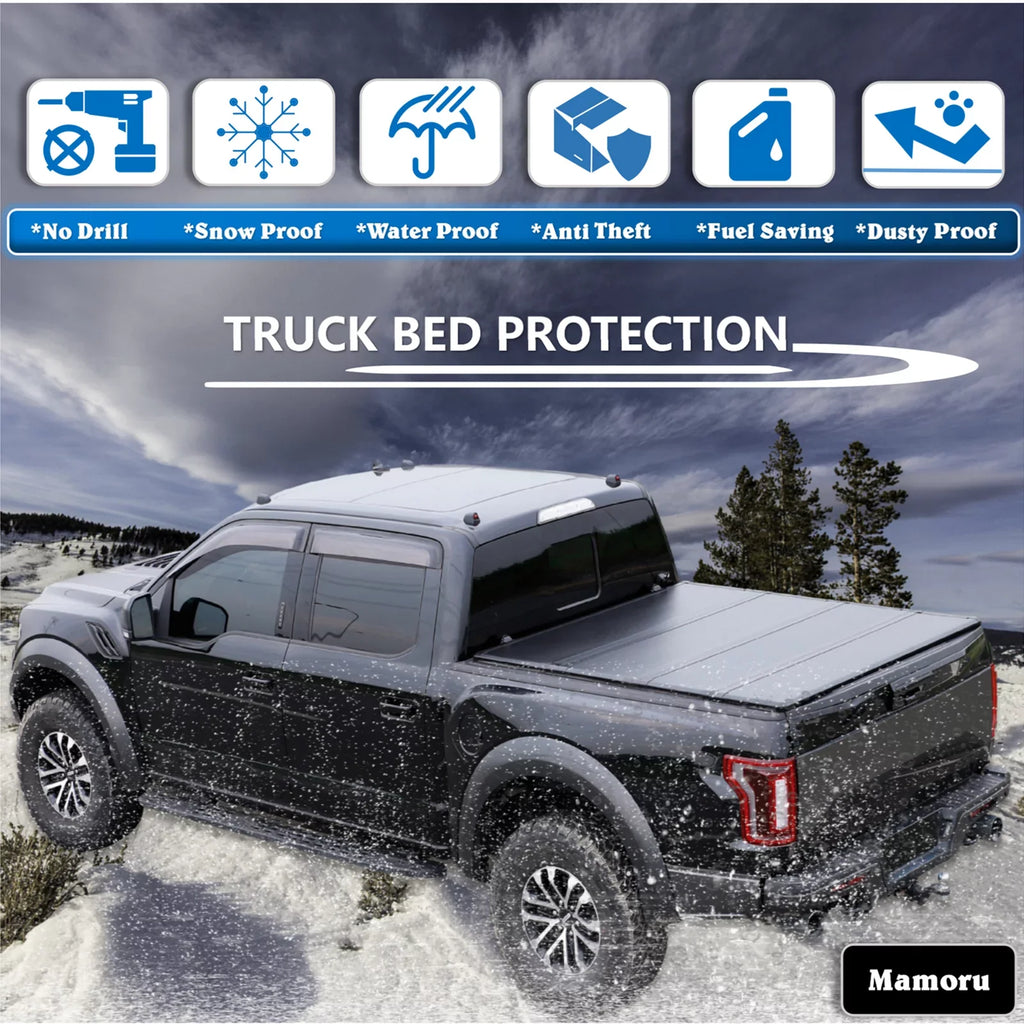 Mamoru Hard FRP Quad-Fold Solid Tonneau Wrap Fitting with 2016 2017 2018 2019 2020 2021 2022 2023 Tacoma 6' / 73.7" Truck Bed Shield | Fit for Deck Rail System