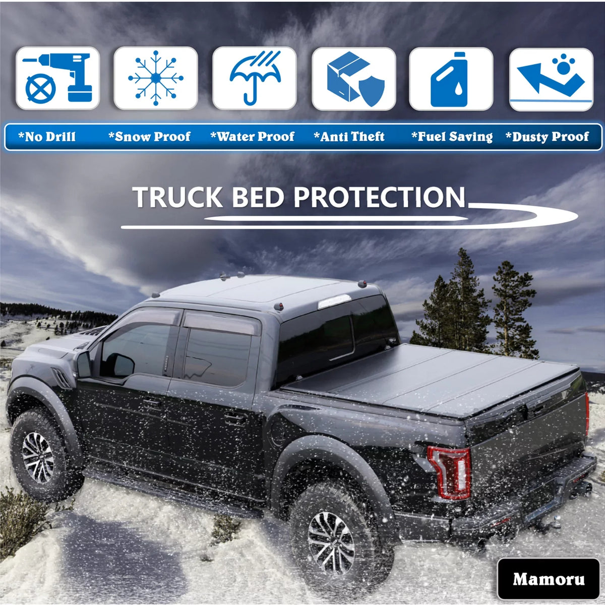 Mamoru Hard FRP Quad-Fold Solid Tonneau Wrap Fitting with 2016 2017 2018 2019 2020 2021 2022 2023 Tacoma 6' / 73.7" Truck Bed Shield | Fit for Deck Rail System
