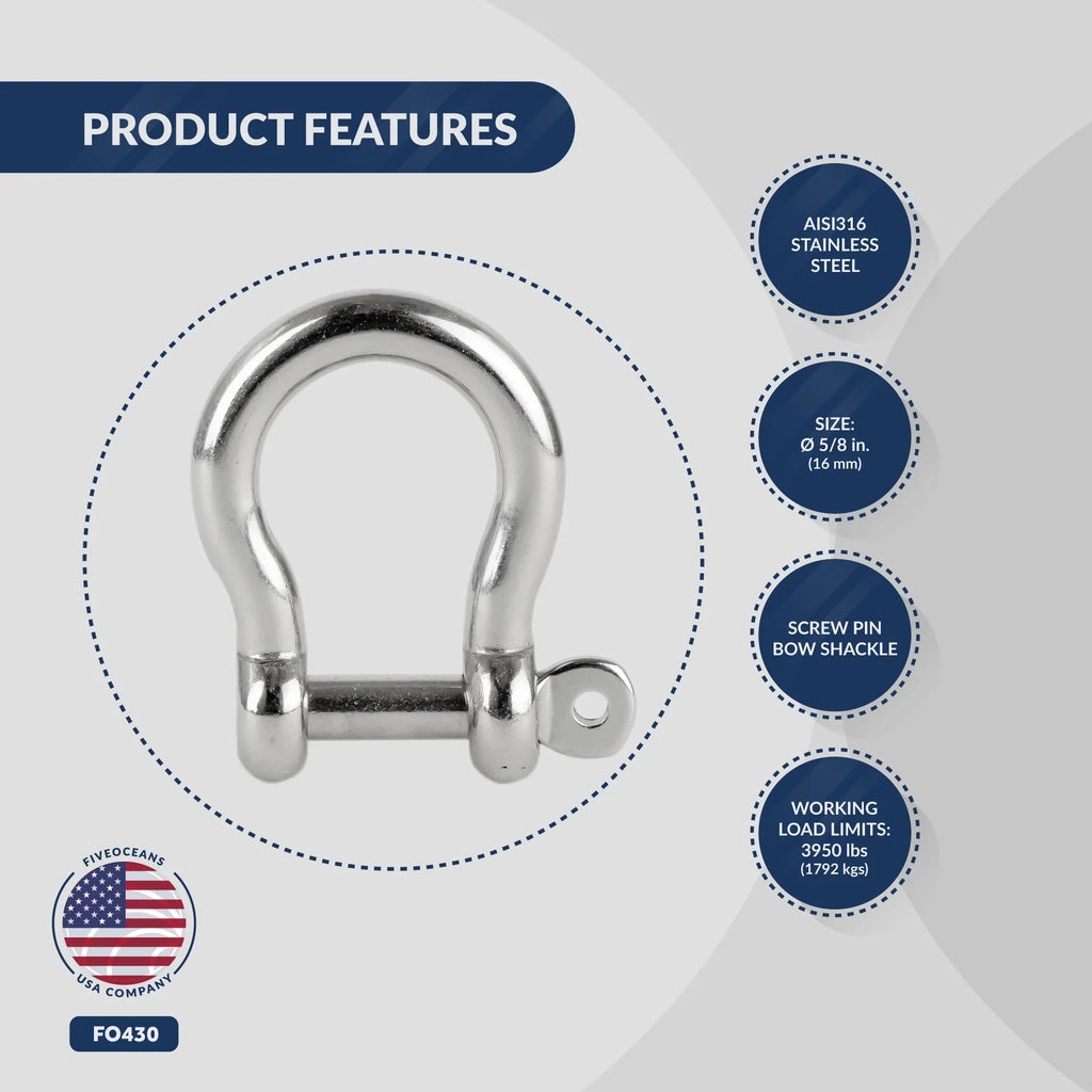 Five Oceans 5/8 Screw Pin Bow Shackles, Stainless Steel Anchor Shackle for Ship Ship FO430