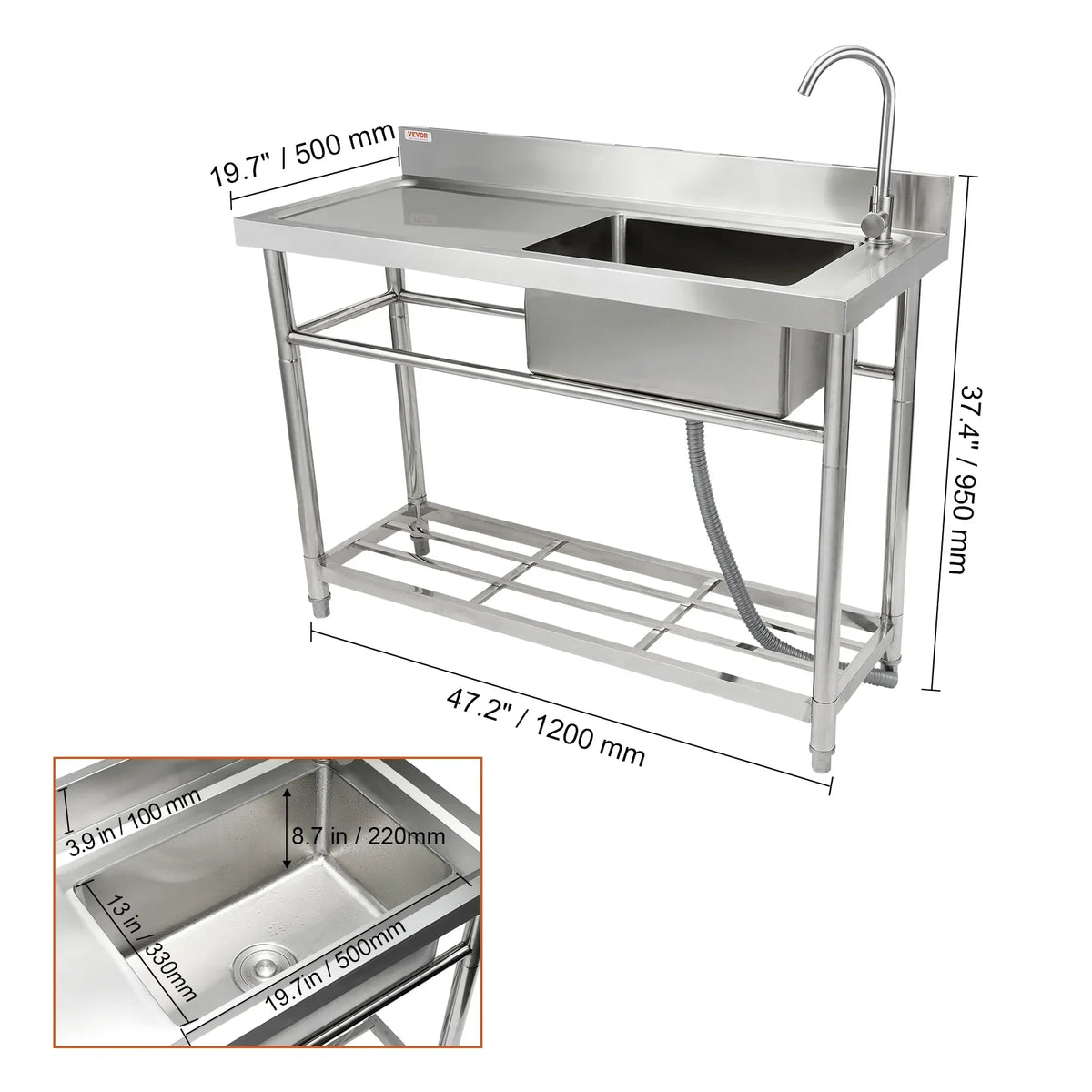 BENTISM Commercial Utility & Prep Sink Single Bowl w/Workbench 47.2x19.7x37.4 in