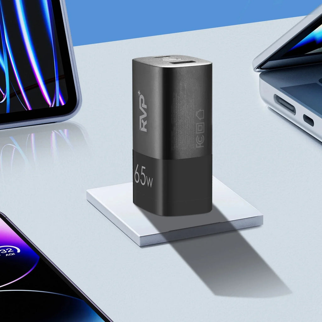 RVP+ 65W USB C and USB A Charger, (GaN) Tech Power Adapter, 3-Port Wall Charger, Foldable Fast Charger for iPhone, Smartphones, Tablets, Laptops - Black