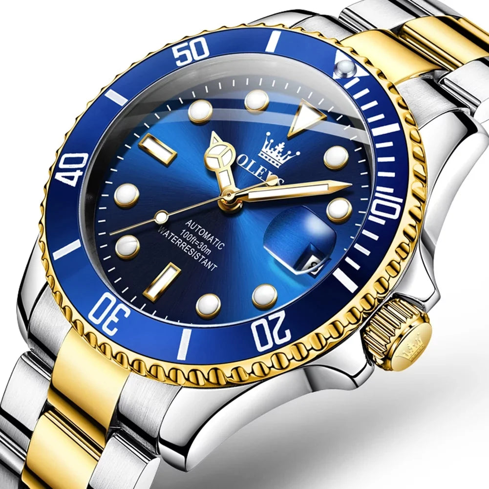 Olevs Automatic Wristwatch for Men Two-Tone Blue Gold Date Adult Male 6650A