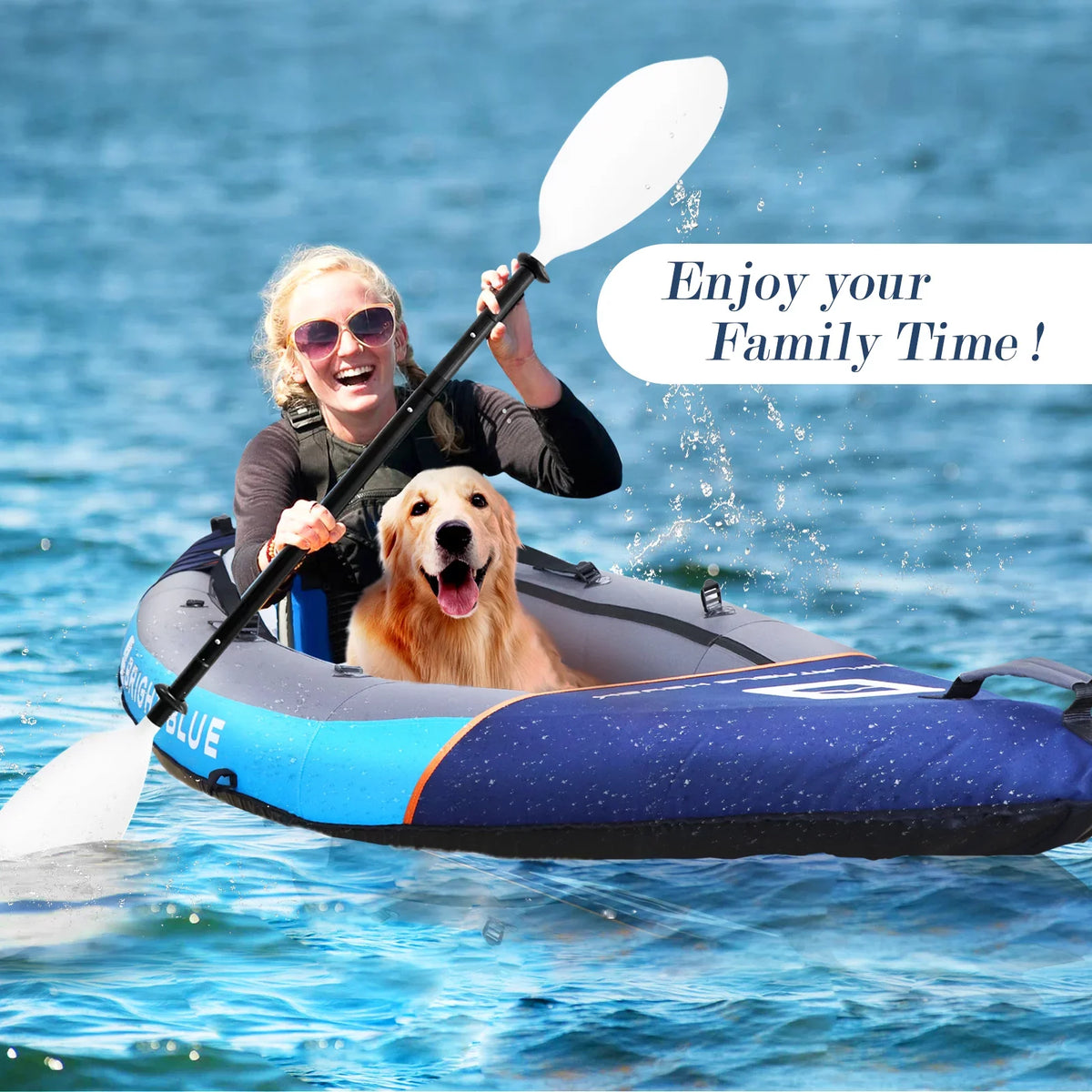 BRIGHT BLUE Inflatable Touring White Water Paddling Kayak 1-2 Persons sit-on with Paddles,Hand Pump,Backpack,Fins