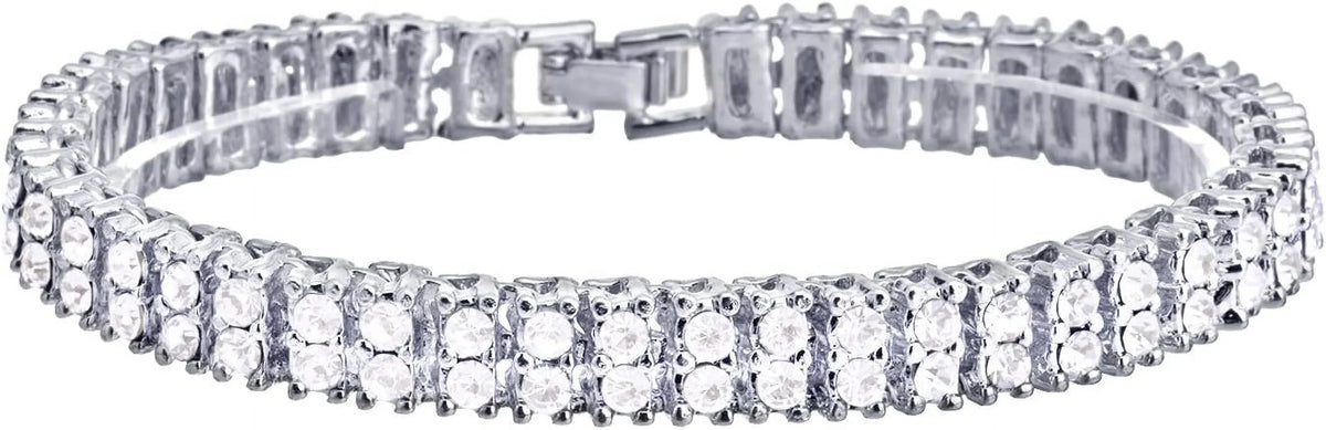 Hip Hop Luxury Silver Plated Double Tennis Chain 16" + 18" and 2 Row 8" Bracelet 3 pc Set
