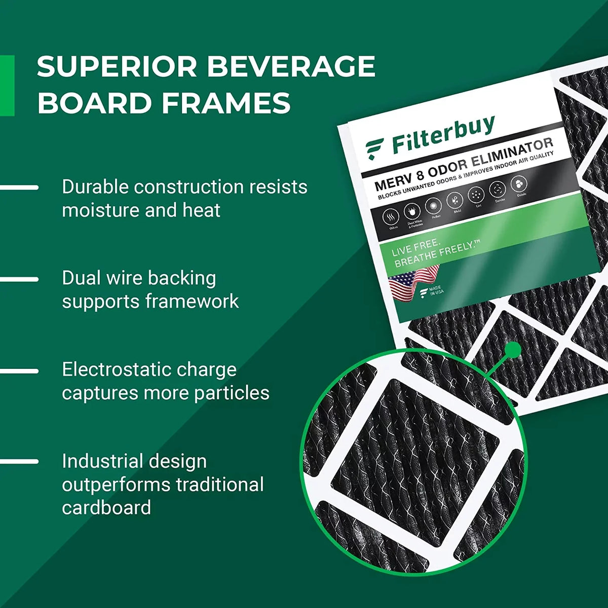 Filterbuy 18x30x1 MERV 8 Odor Eliminator Pleated HVAC AC Furnace Air Filters with Activated Carbon (3-Pack)