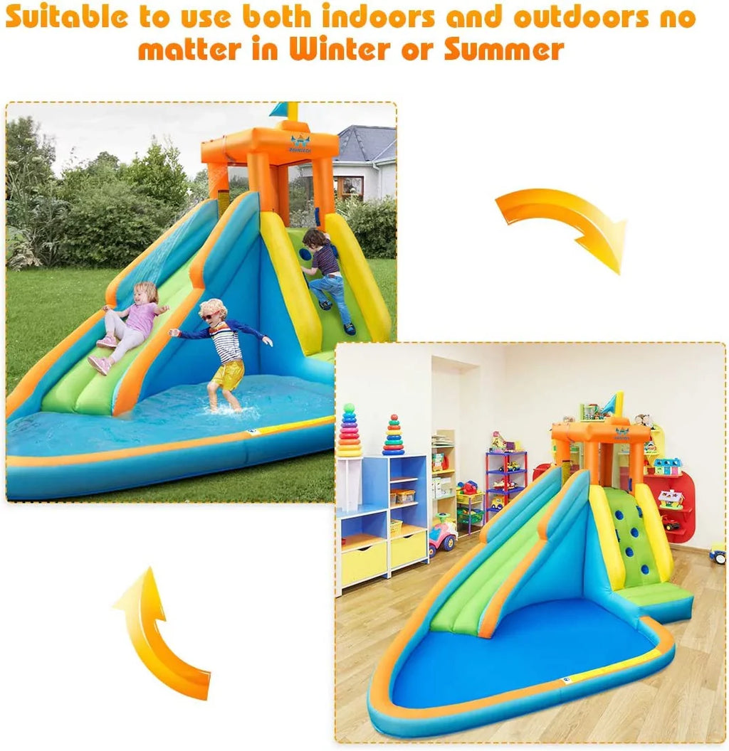 Inflatable Water Slide, Hippo Themed Water Slides for Kids Backyard w/Long Slide, 740w Blower, Splashing Pool, Water Cannon, Indoor Outdoor Blow up Giant Water Park for Big Kids and Adults